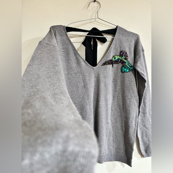 Lumiere Gray Sweater with Sequin Bird Design - Picture 2 of 9